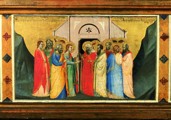 San Tommaso, davanti al sepolcro vuoto di Maria, circondato dagli apostoli, consegna la Cintola ad un sacerdote