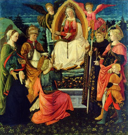 il tema centrale è la consegna della sacra Cintoladella Vergine a San Tommaso, durante la sua assunzione al cielo. La Madonna è al centro della scena ed è circondata dai Santi.