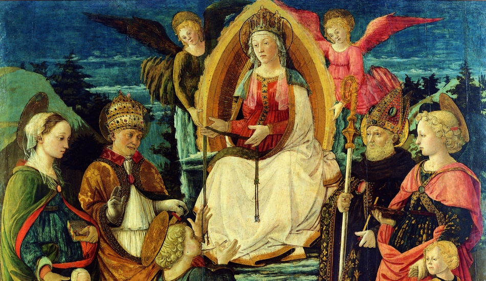 The central theme is the passing of the Sacred Girdle of the Virgin to St. Thomas during her Assumption into Heaven. The Madonna is in the middle of the scene and is surrounded by the Saints.