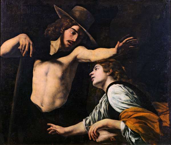 Showing a meeting between Christ and Mary Magdelene after the Resurrection. The male figure is snow white in a large hat with a wide brim. With his left hand he is blocking the female figure's move towards him
