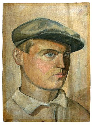 Self-portrait of the artist with a strong face with a focused and determined expression