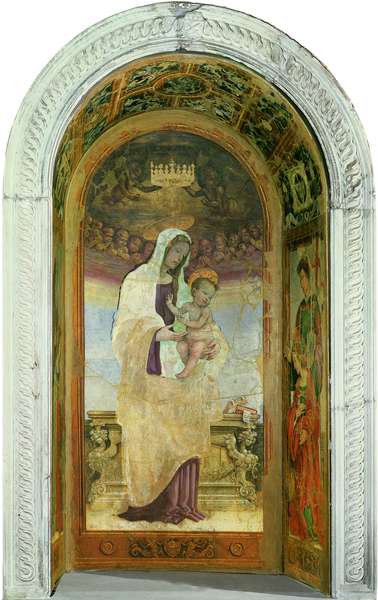 The central image of the tabernacle. The Madonna and Child crowned by Angels is covered by a choir of seraphim resting on clouds in a mauve sunset in perfect chromatic symmetry with Mary's robe.