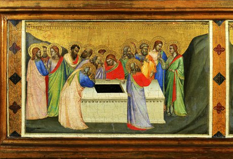 The apostles gathered around the empty tomb of Mary and St Thomas receiving the Girdle
