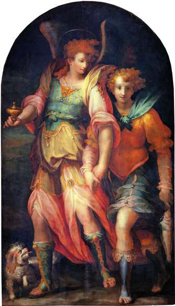 The two figures of the Archangel Raphaelholding the hand of the young Tobias. Raphael looks at Tobias while Tobias looks at the viewer. The garments are rich, adorned with beads and embroidery.