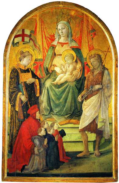 Madonna and Child between Saint Stephen and Saint John the Baptist.Datini and some of his customers are shown, somewhat smaller, towards the bottom of the painting