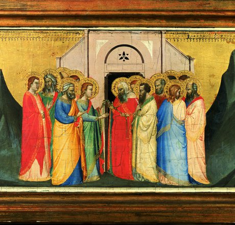 San Tommaso, davanti al sepolcro vuoto di Maria, circondato dagli apostoli, consegna la Cintola ad un sacerdote
