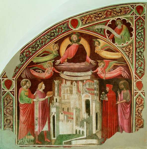Mural painting which represent the city of Prato and important figures and saints