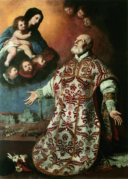 In primo piano san Filippo Neri inginocchiato di fronte alla visione della Madonna. In secondo piano la processione in Duomo che segnò l'avvento del primo vescovo di Prato.