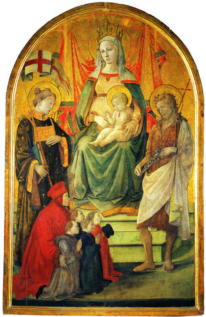 Madonna con bambino tra i santi Stefano e Giovanni Battista. Più in basso, rappresentati in ginocchio e più piccoli, Datini e i committenti dell'opera.