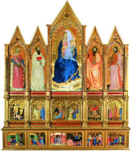 Polittico costituito da due piani di predelle e cinque scomparti con la Madonna con bambino al centro e santi ai lati. Sotto ogni figura un episodio ne racconta la storia. Il secondo piano di predelle è dedicato all'infanzia e passione di Gesù.